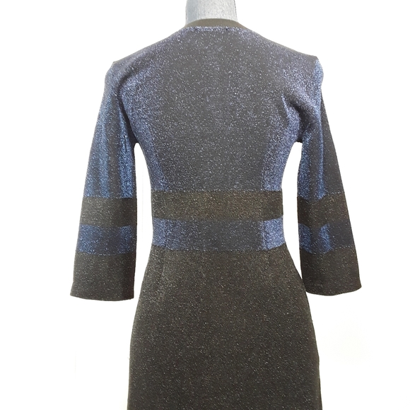 Tory Burch metallic blue / black shimmer striped wool Sheath dress size small - Picture 9 of 14